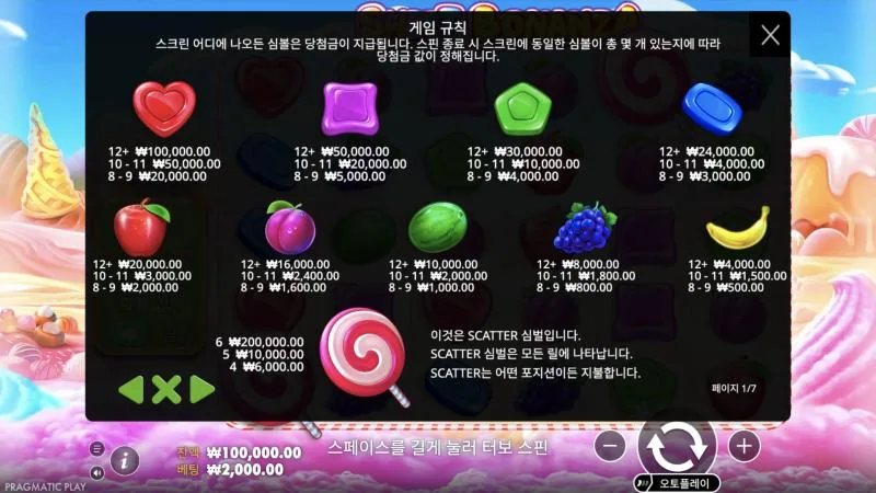 한국어 데모 규칙 1쪽. 베팅 ₩2,000일 때의 원화 배당 스위트 보난자 규칙 1쪽 배당표: 베팅 ₩2,000 기준 하트 12개 이상 ₩100,000, 막대사탕 6개 ₩200,000